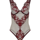 Entos Oolog Body in Burgundy, a stylish fitted bodysuit with long sleeves and scoop neckline, displayed on a hanger.