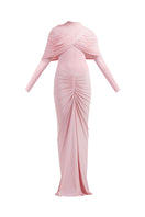 Deme By Gabriella NOA draped pink gown featuring elegant fabric and flowing design, perfect for formal occasions.