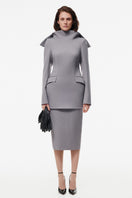 Gray Kris Marán blazer dress with back fastening, tailored fit, and sleek design, shown on a model.