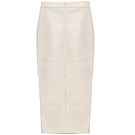 Ecru Kris Marán vegan leather midi skirt with front cut and draped design, stylish and modern for versatile fashion looks.