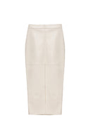 Ecru Kris Marán vegan leather midi skirt with front cut and draped design, stylish and modern for versatile fashion looks.