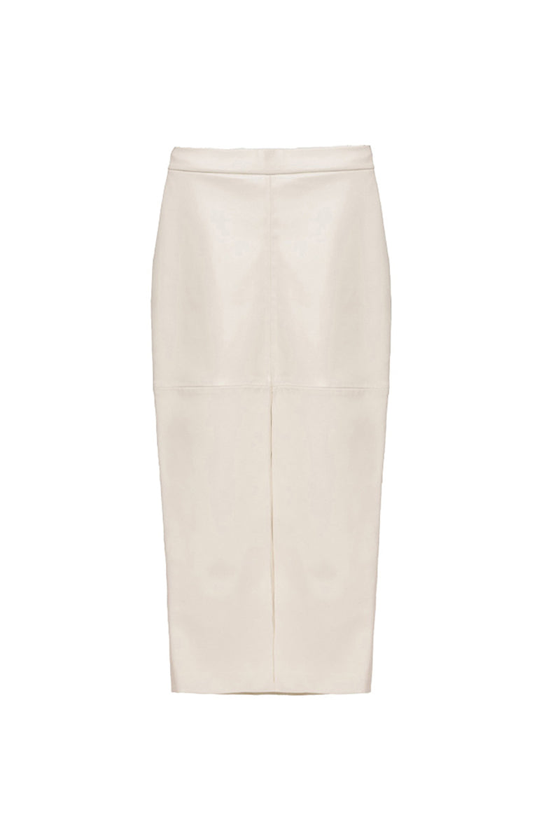 Ecru Kris Marán vegan leather midi skirt with front cut and draped design, stylish and modern for versatile fashion looks.