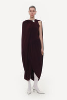 Elegant burgundy jersey midi dress with cape detail by Elenareva, showcasing a stylish, flowing design perfect for formal occasions.