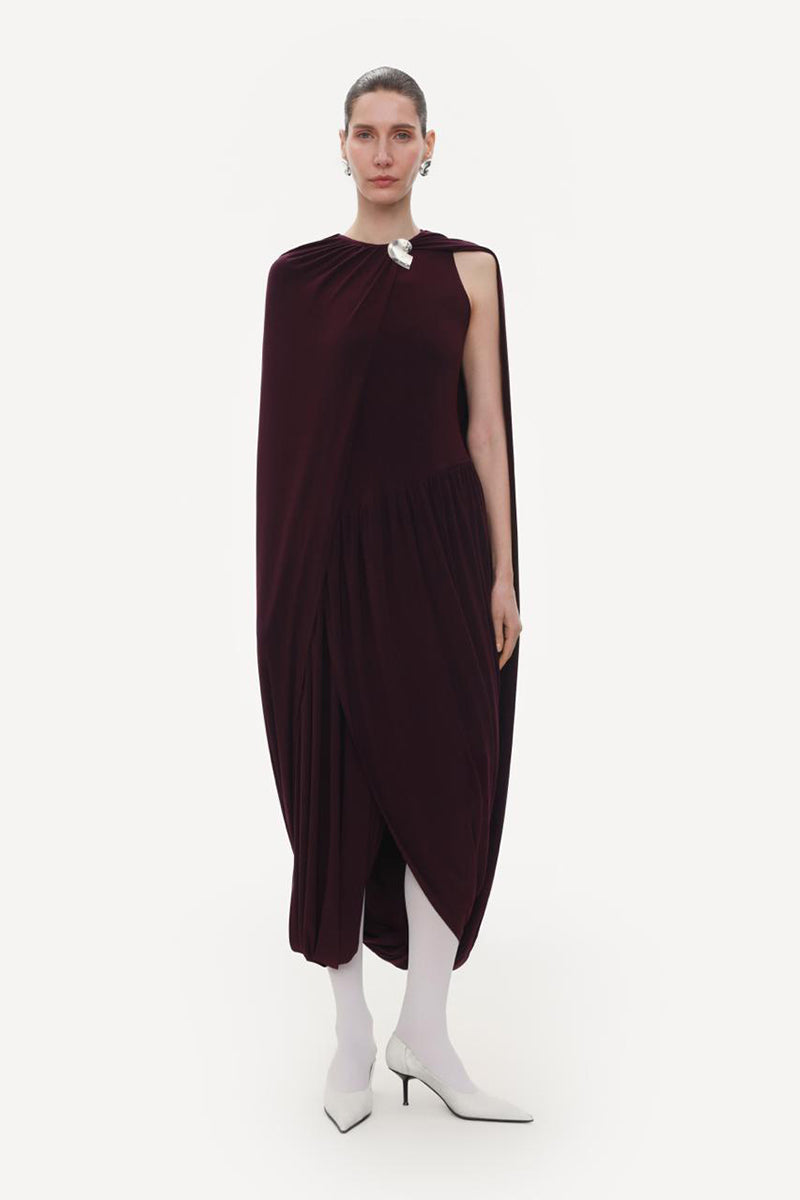 Elegant burgundy jersey midi dress with cape detail by Elenareva, showcasing a stylish, flowing design perfect for formal occasions.