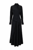 Elegant black silk midi dress with a matching silk belt by ELENAREVA, featuring a sleek, flowing design perfect for formal occasions.
