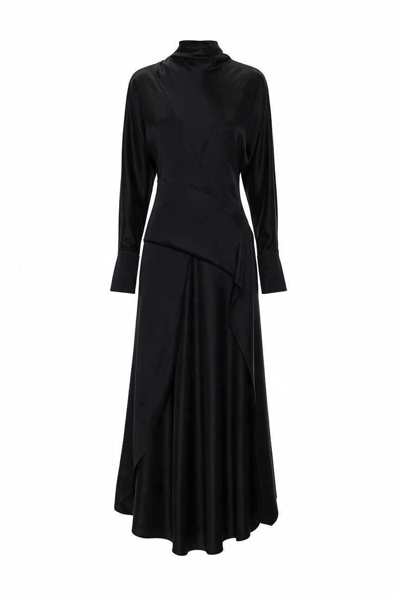 Elegant black silk midi dress with a matching silk belt by ELENAREVA, featuring a sleek, flowing design perfect for formal occasions.
