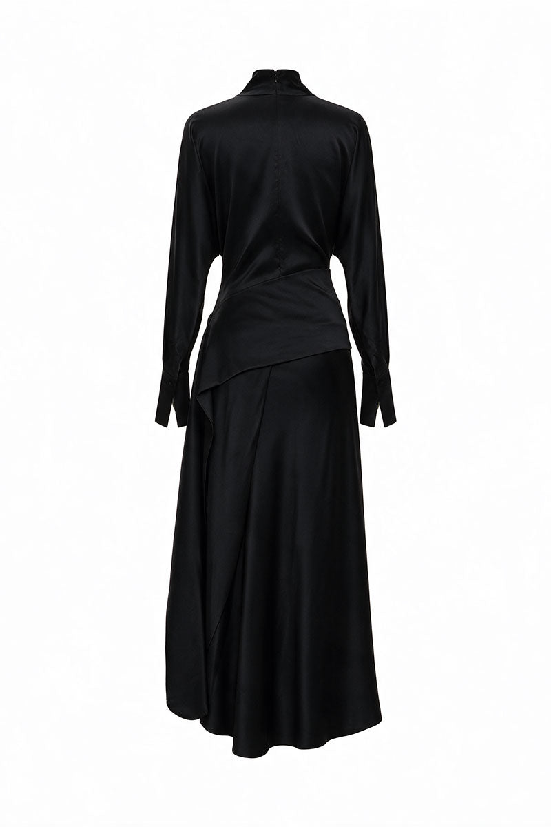 Elegant black silk midi dress with matching silk belt from ELENAREVA, featuring a smooth, flowing fabric and stylish design.