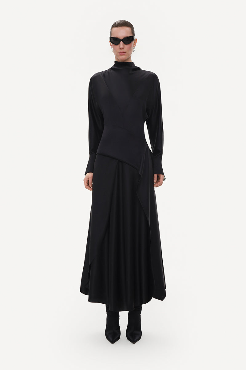 Black silk midi dress with a matching silk belt by ELENAREVA, featuring a sleek and elegant design.