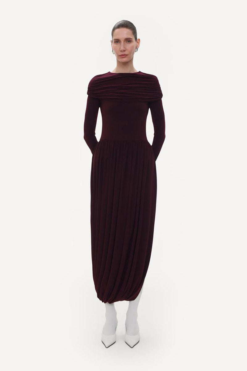 ELENAREVA burgundy jersey midi dress with long sleeves, fitted design, and round neckline, perfect for casual or semi-formal wear.