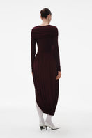 Elegant burgundy jersey midi dress with long sleeves from ELENAREVA, shown on a model against a white background.