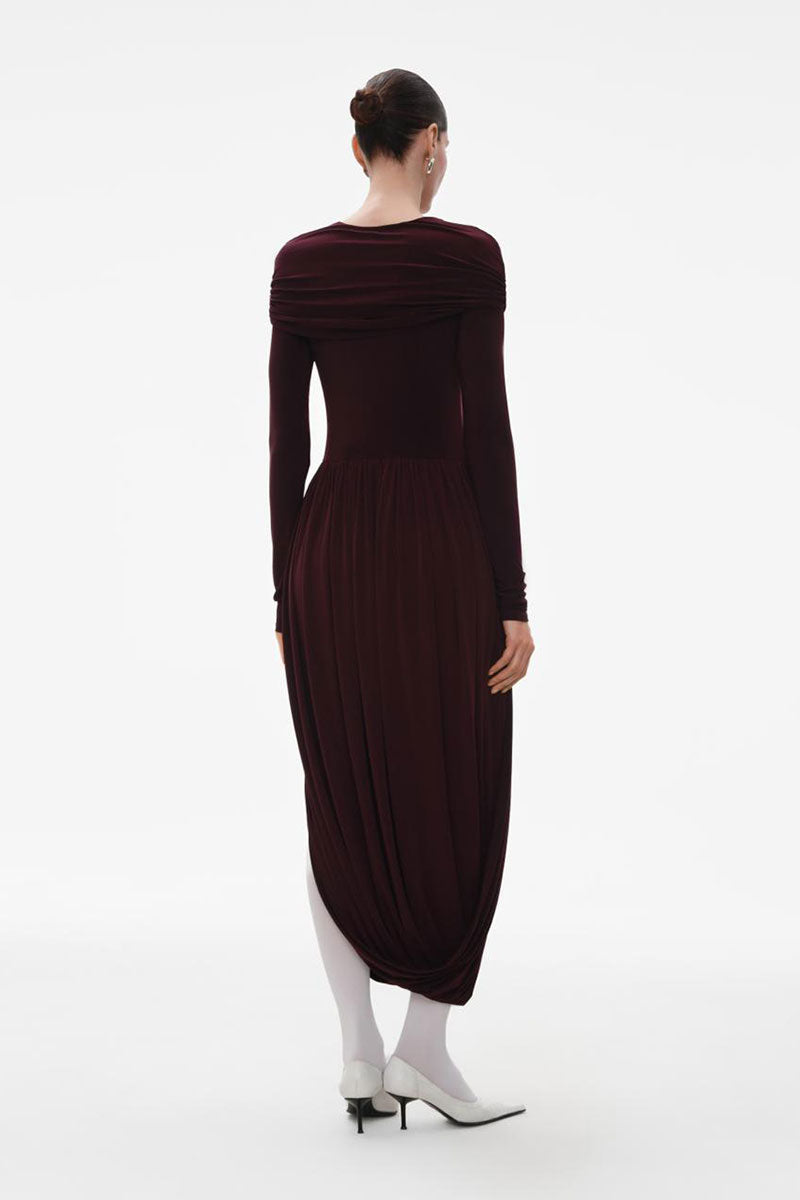 Elegant burgundy jersey midi dress with long sleeves from ELENAREVA, shown on a model against a white background.