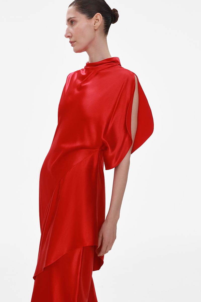 ELENAREVA red maxi dress with ruffles, flowing fabric, and sleeveless design, perfect for summer or special occasions.