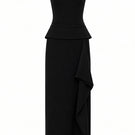 Black corset wool midi dress by ELENAREVA featuring a fitted silhouette and stylish design, perfect for elegant occasions.