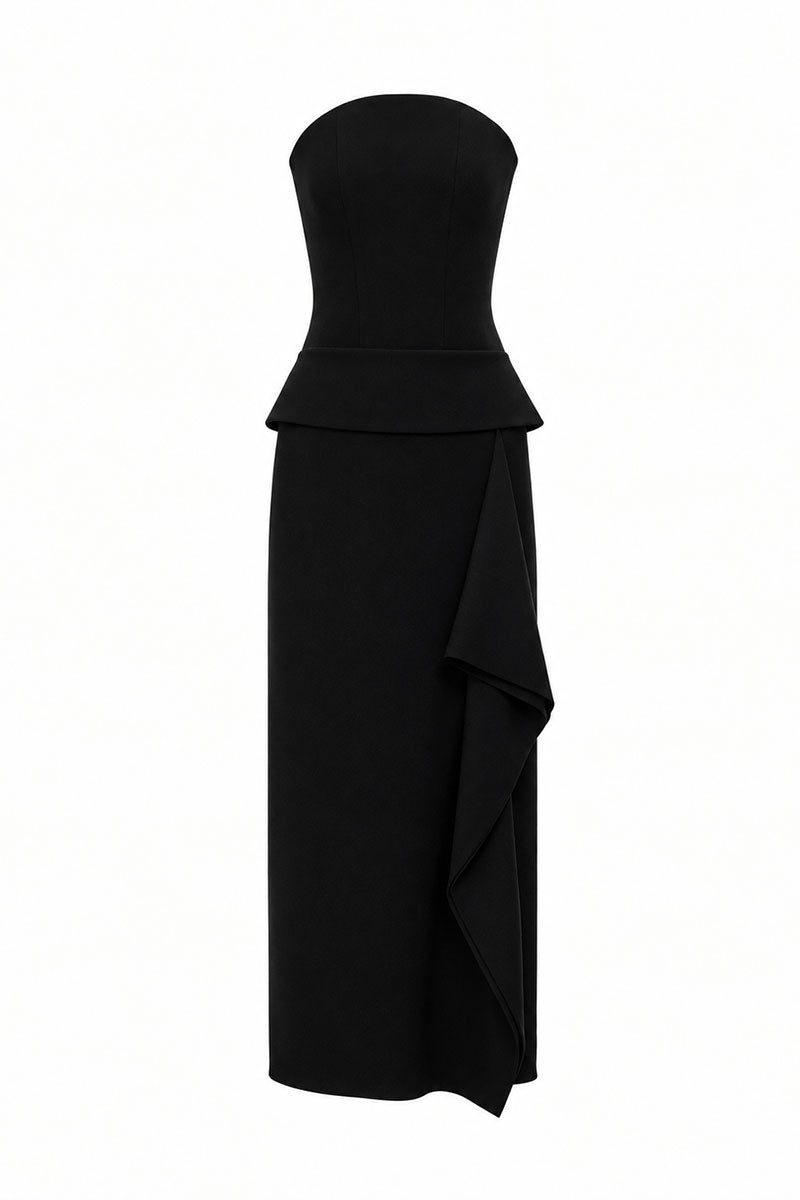 Black corset wool midi dress by ELENAREVA featuring a fitted silhouette and stylish design, perfect for elegant occasions.