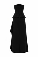 Black wool corset midi dress by ELENAREVA, featuring a fitted silhouette and elegant design, shown on a model.