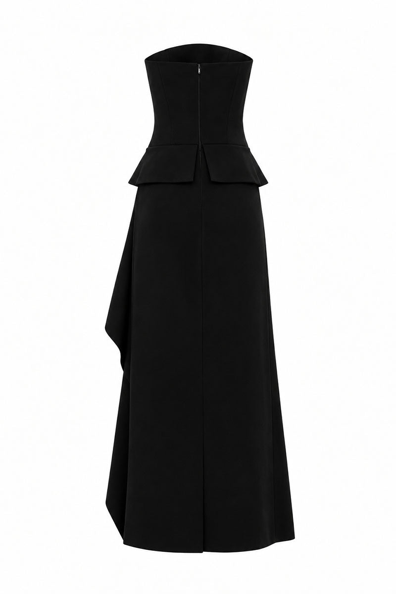 Black wool corset midi dress by ELENAREVA, featuring a fitted silhouette and elegant design, shown on a model.