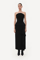 Black corset wool midi dress by ELENAREVA featuring a fitted silhouette and elegant design, shown on a model.