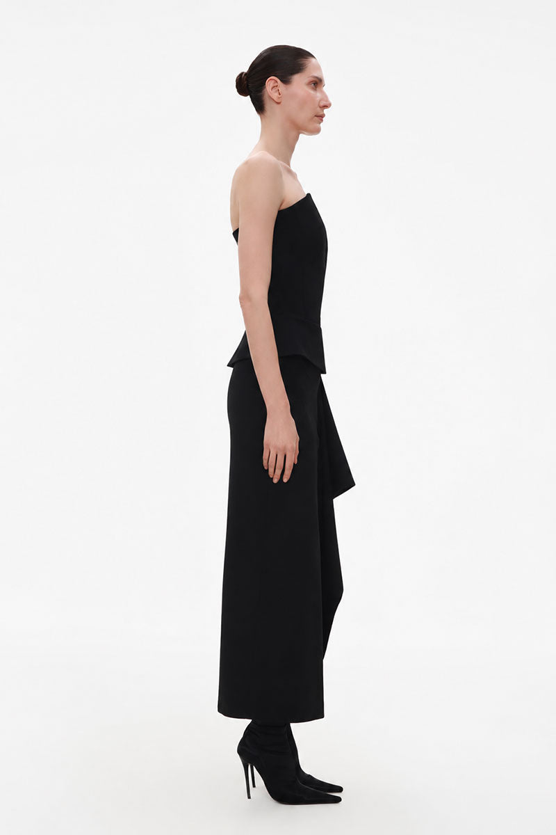 Black wool corset midi dress by ELENAREVA, featuring a fitted silhouette and elegant design, shown in the product image.