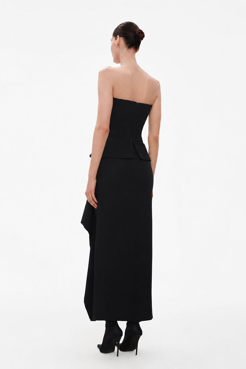 Black corset wool midi dress by ELENAREVA featuring a fitted silhouette and elegant design, shown on a model.