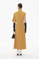 Elenareva ochre one-sleeve embroidered wool midi dress displayed on a hanger, showcasing intricate embroidery and elegant design.