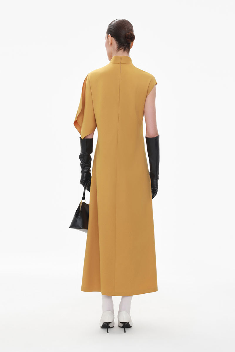 Elenareva ochre one-sleeve embroidered wool midi dress displayed on a hanger, showcasing intricate embroidery and elegant design.