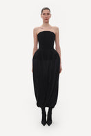 Black wool bustier midi dress with silk skirt by Elenareva, showing a fitted bodice and flowing midi-length hem.
