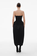 Black wool bustier midi dress with silk skirt by ELENAREVA, featuring a fitted bodice and flowing midi-length skirt.