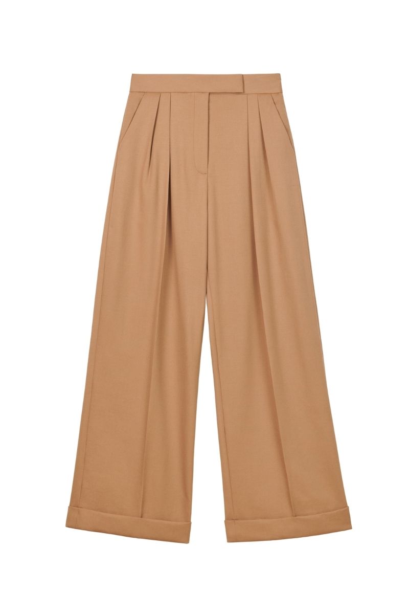 WOOL BLEND PLEATED WIDE LEG PANTS - CULT MIA