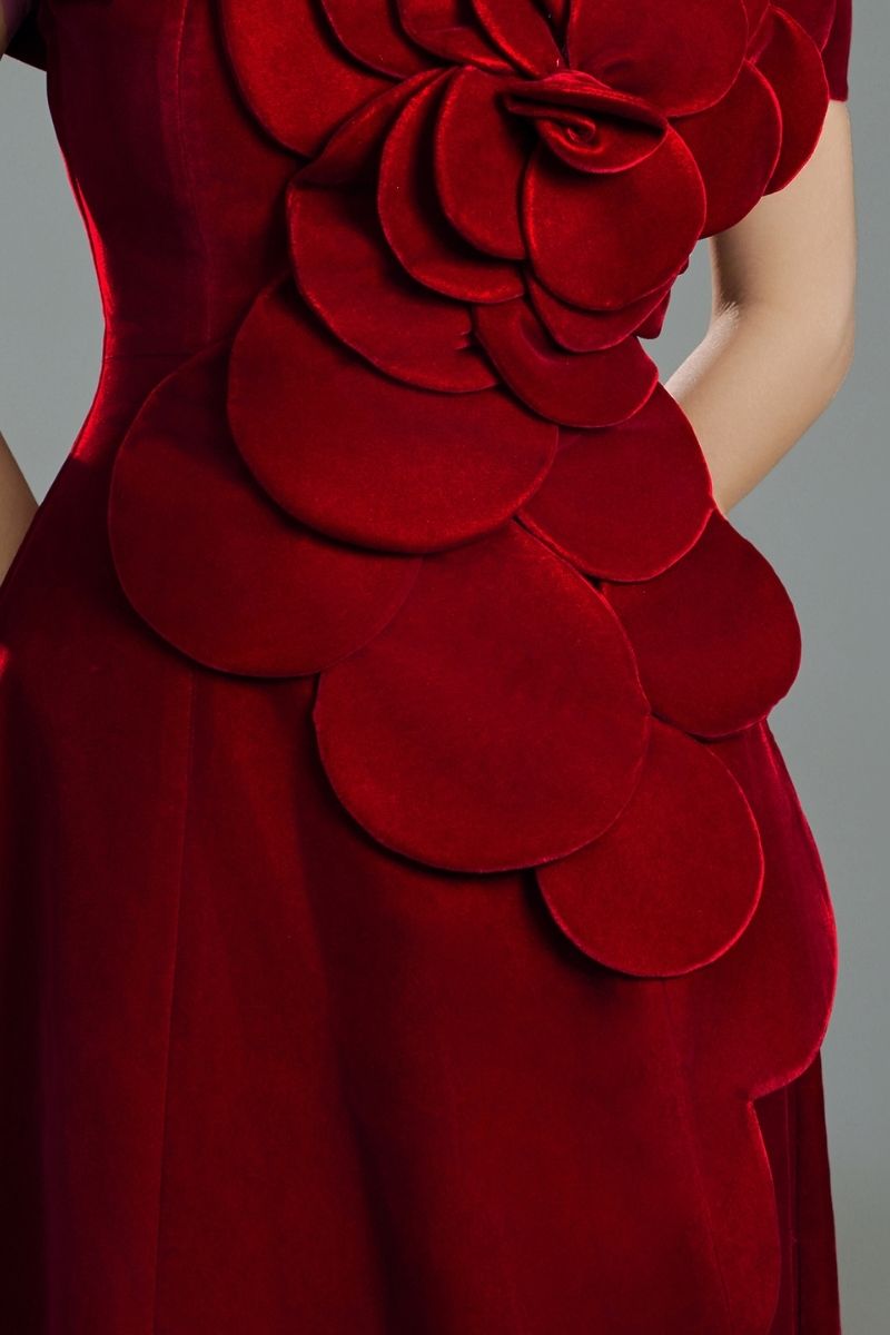OFF-SHOULDER VELVET PETAL MAXI DRESS IN RED - CULT MIA