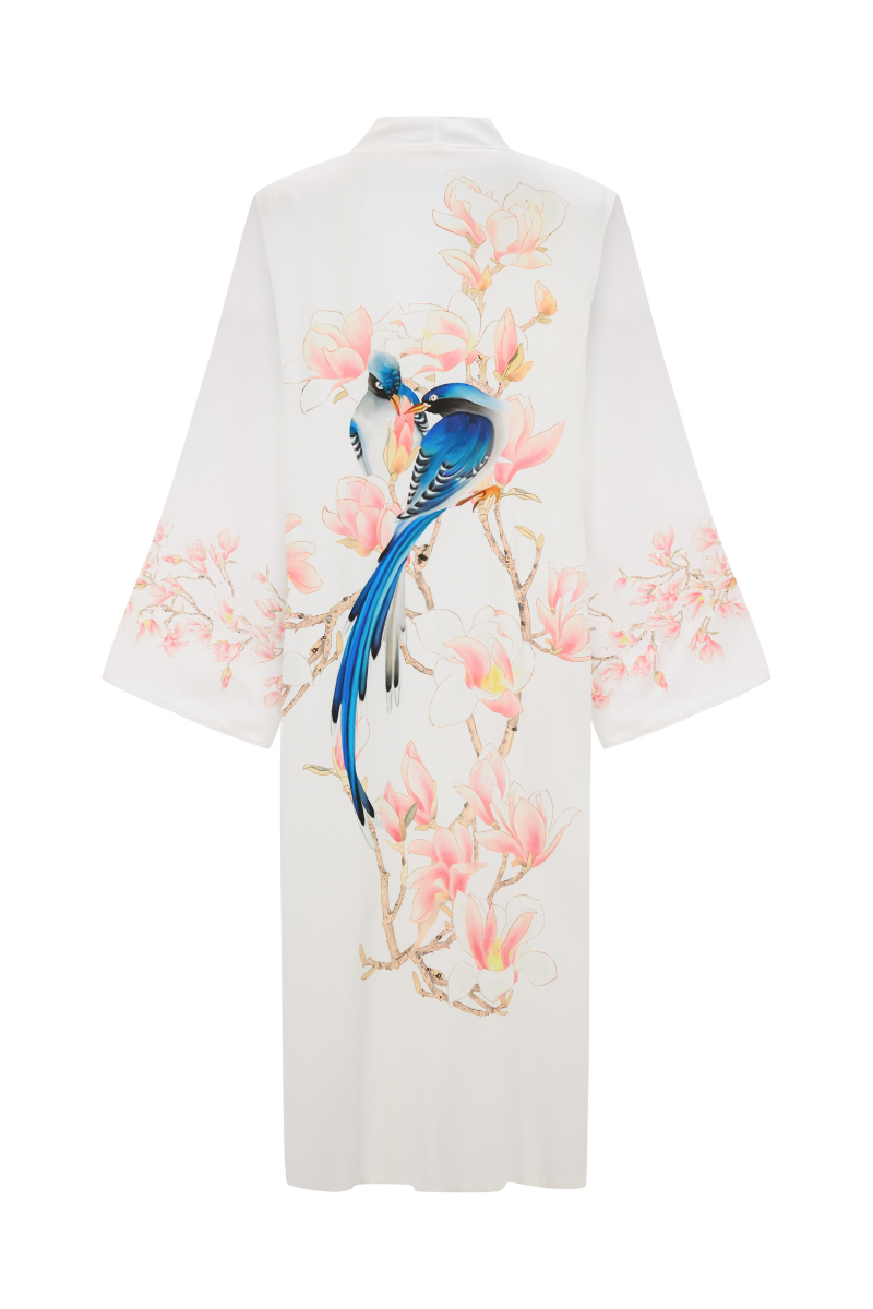 Bocan Couture Sakura long rayon printed robe with floral pattern, flowing fabric, and relaxed fit, shown on a hanger.