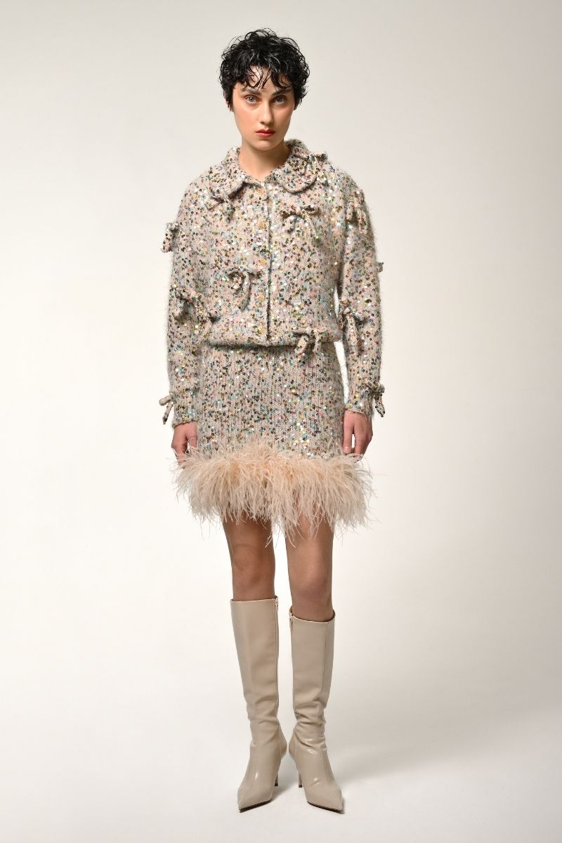 FEATHER TRIMMED MINI SKIRT WITH BOWS IN MULTI