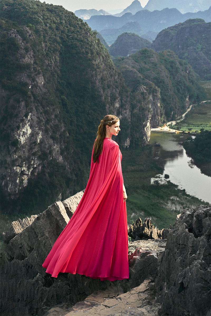 PINK ROUND NECK GATHERED GOWN WITH STONE EMBELLISHED BELT - CULT MIA