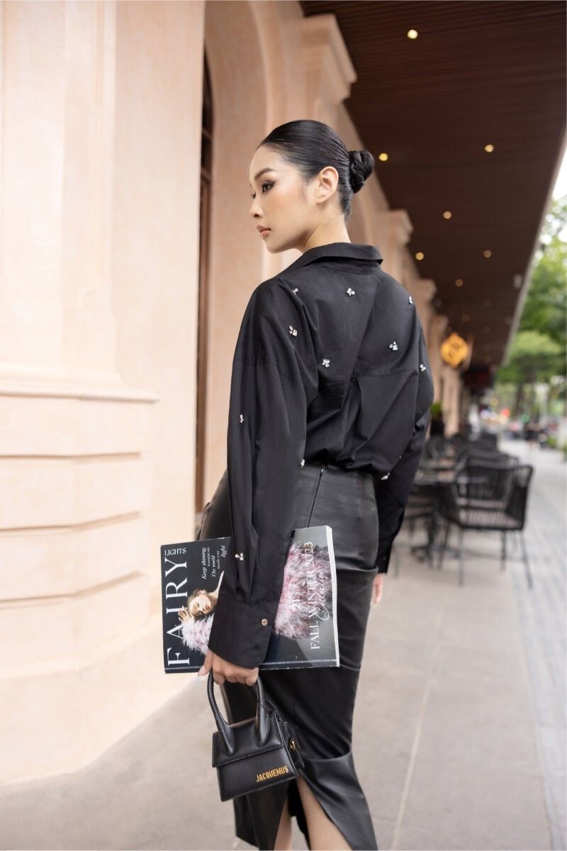 DESI BLACK RAW CRYSTAL SHIRT AND MIDI SKIRT - CULT MIA
