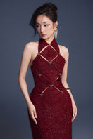 Keira Tong wine red checkered cut-out maxi dress with a stylish design and bold pattern, perfect for elegant occasions.