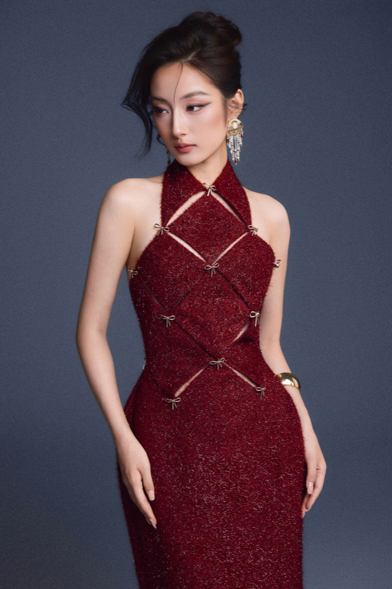 Keira Tong wine red checkered cut-out maxi dress with a stylish design and bold pattern, perfect for elegant occasions.