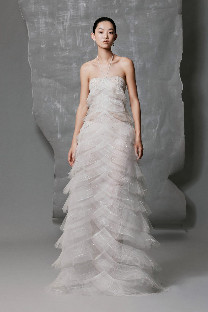 WHITE TULLE A-LINE DRESS WITH LAYERED PLEATS EMBELLISHED