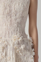 Beige Flavia lace mini dress by 21Six featuring delicate lace details and a fitted silhouette on a model.