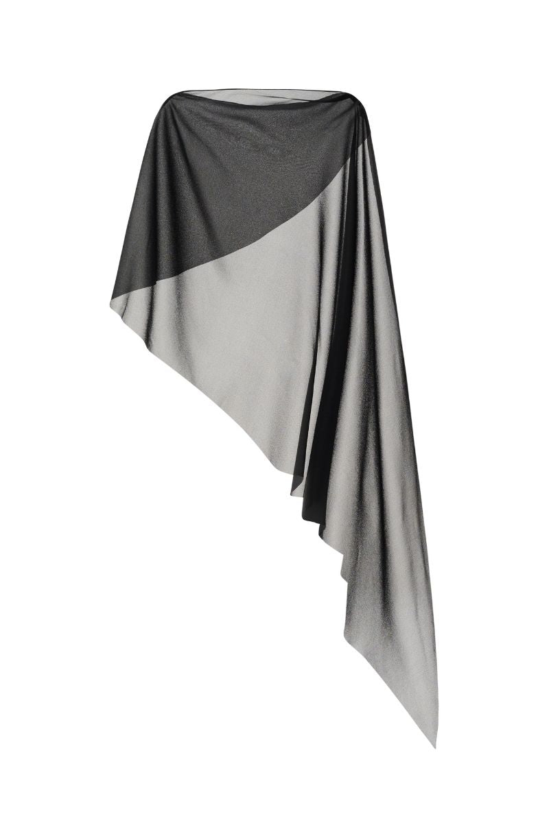 Black asymmetric see-through cape jacket by Leicia featuring sheer fabric, draped design, and open front style.