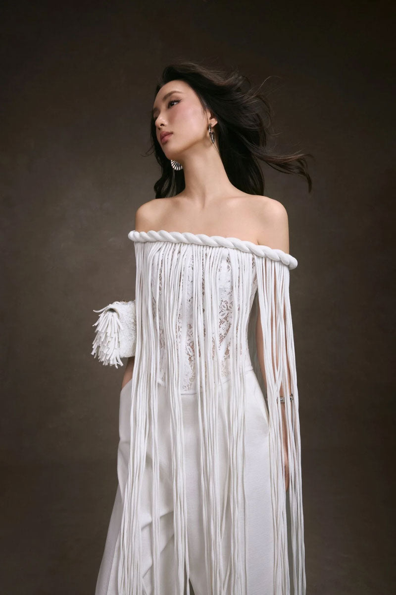 KEIRA TONG fringe lace corset top, stylish sleeveless women’s top with intricate lace and fringe detailing, perfect for fashionable outfits