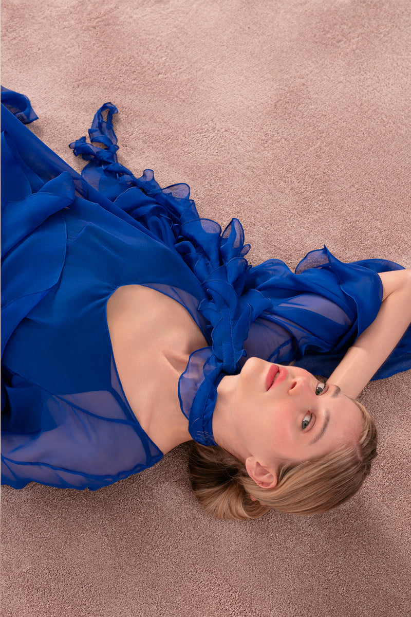 OvertheSea blue maxi dress with depth design, flowing fabric, and sleeveless style, perfect for casual or formal occasions.