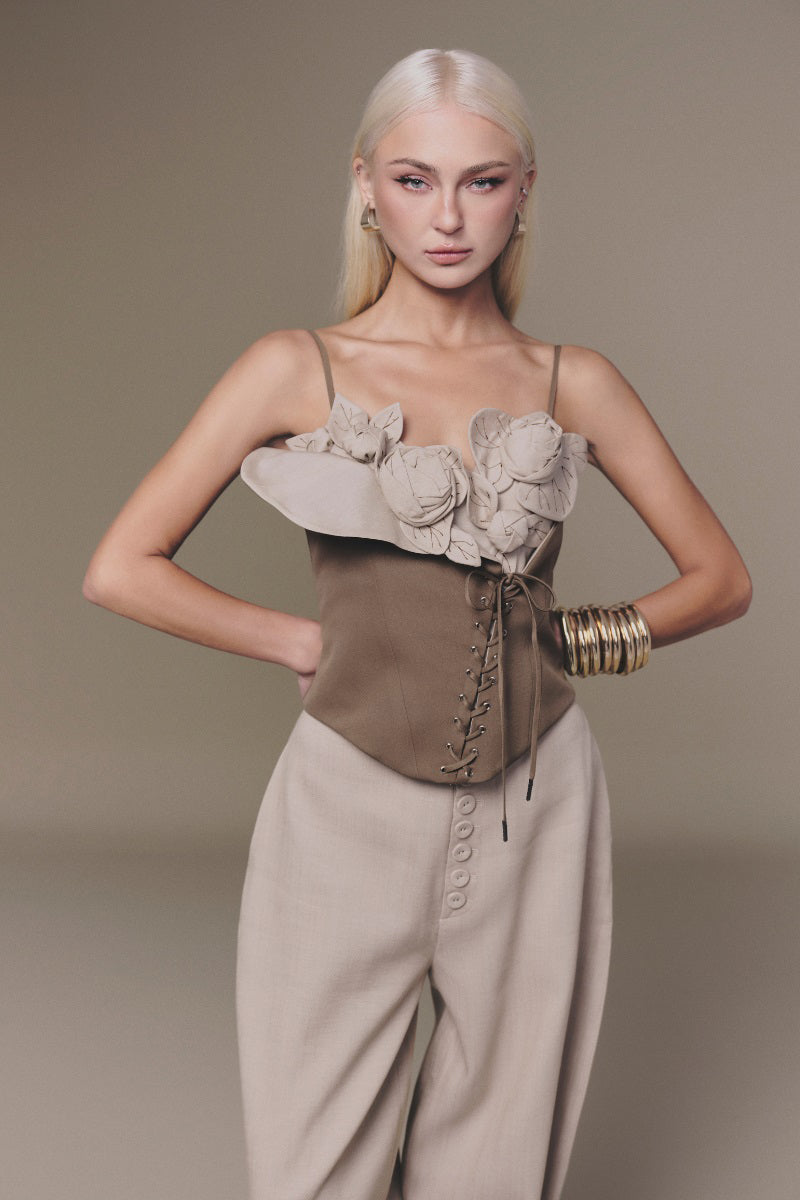 Brown petal bustier top by Keira Tong, featuring a floral petal design and fitted style, perfect for stylish casual wear.