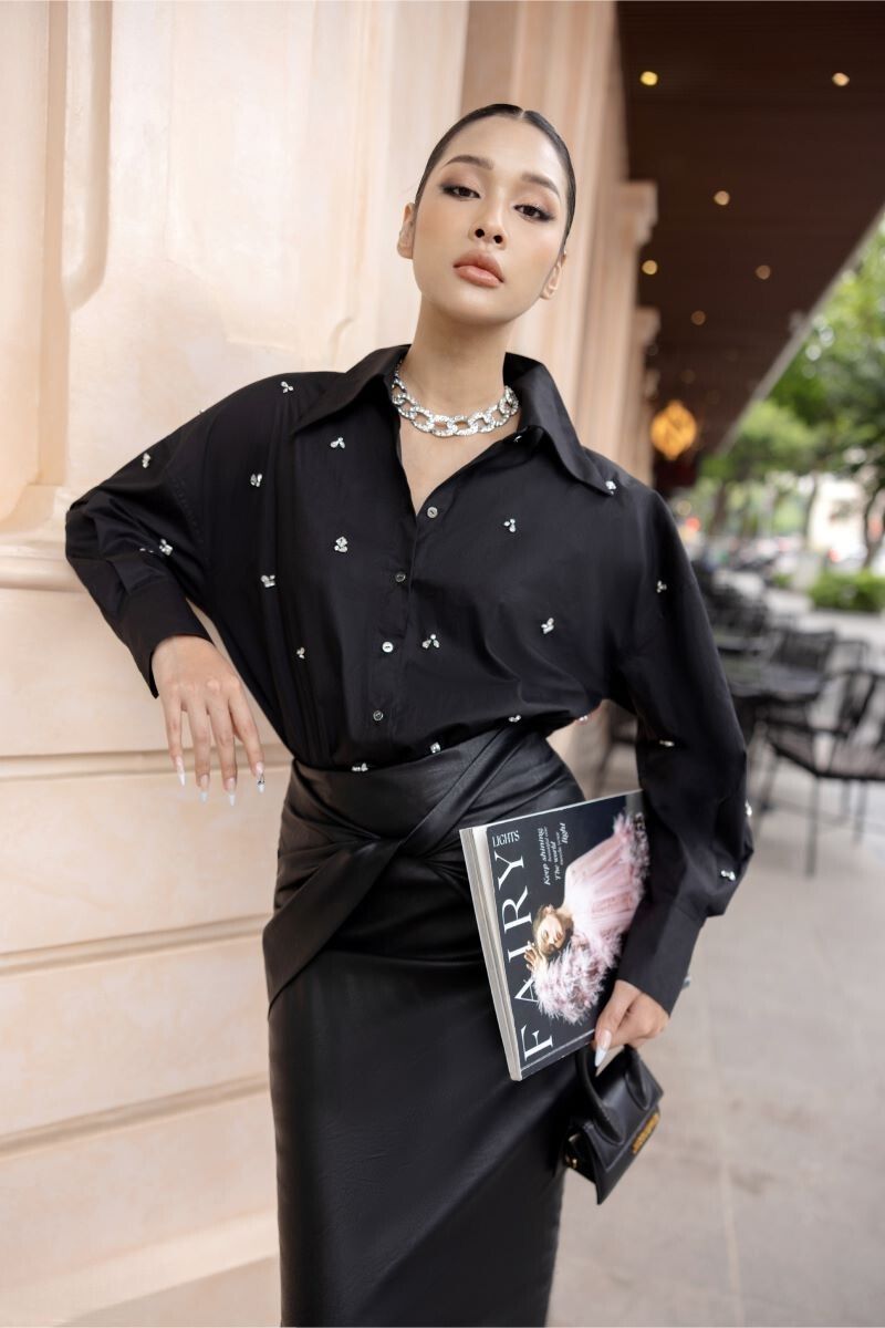 DESI BLACK RAW CRYSTAL SHIRT AND MIDI SKIRT - CULT MIA