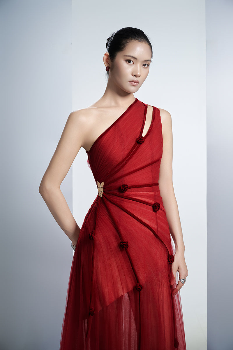 ONE-SHOULDER MESH MAXI DRESS WITH FLORAL IN RED - CULT MIA