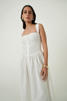White Luna midi dress by Summer Away featuring a flowy, elegant design perfect for summer wear.