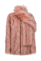 Sudi Etuz faux fur coat with attached scarf, cozy winter coat featuring plush fur material and stylish design.