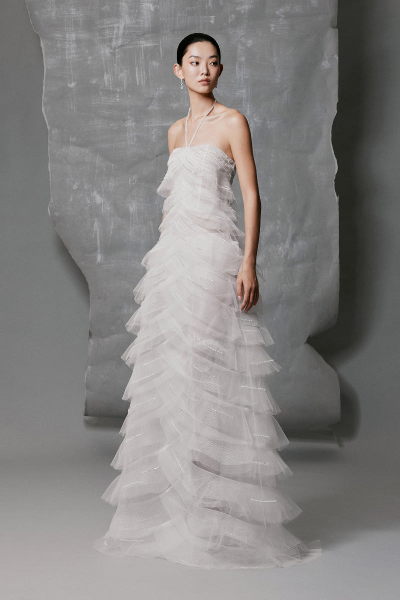 WHITE TULLE A-LINE DRESS WITH LAYERED PLEATS EMBELLISHED | CULT MIA | Phan Huy WHITE TULLE A-LINE DRESS WITH LAYERED PLEATS EMBELLISHED | CULT MIA | Phan Huy