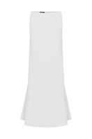 White low waist satin maxi skirt from Sudi Etuz, flowing fabric with a sleek, elegant design suitable for stylish occasions.