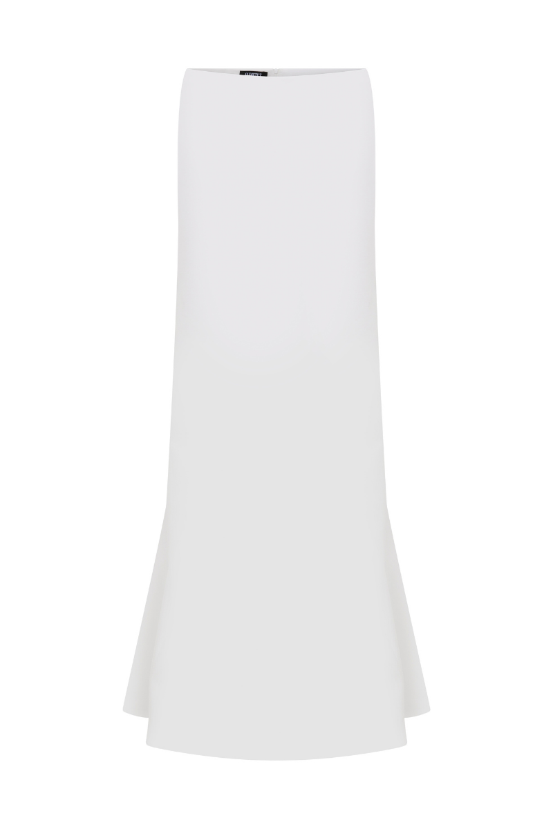 White low waist satin maxi skirt from Sudi Etuz, flowing fabric with a sleek, elegant design suitable for stylish occasions.