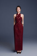 Keira Tong wine red checkered cut-out maxi dress with stylish design and bold pattern, perfect for fashionable occasions.