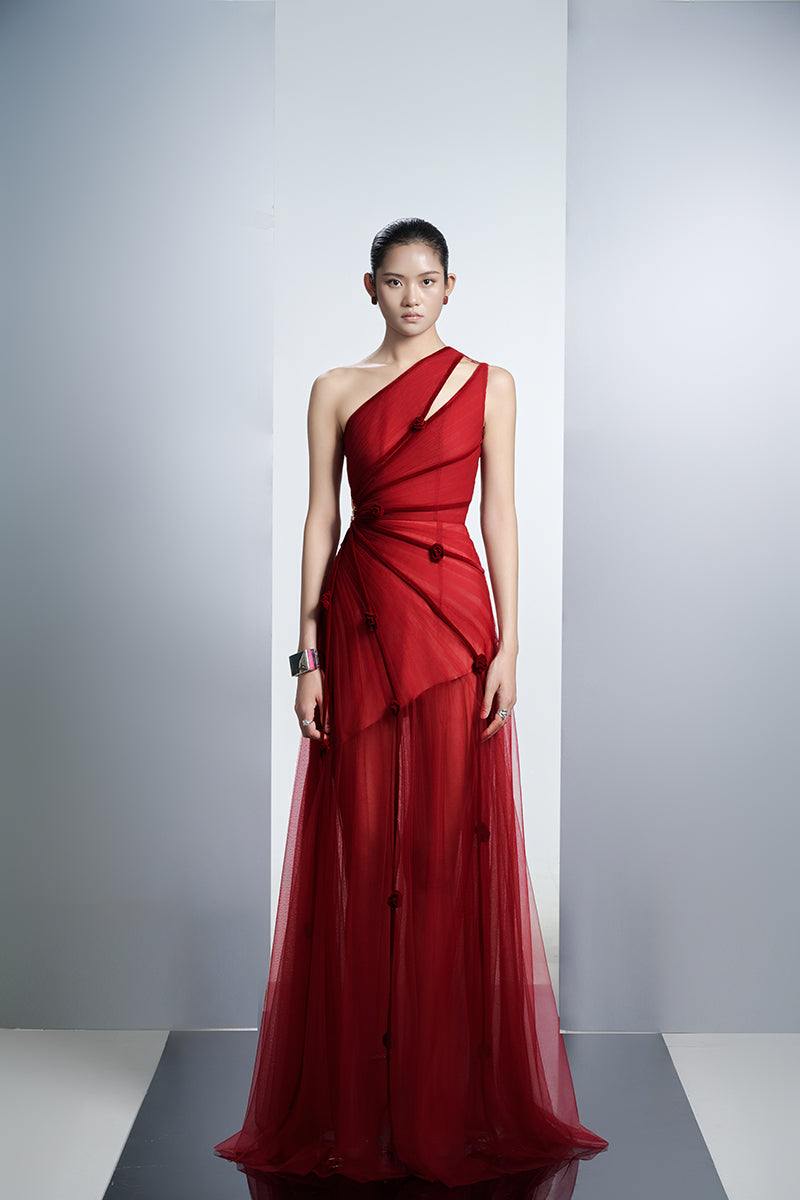 ONE-SHOULDER MESH MAXI DRESS WITH FLORAL IN RED - CULT MIA